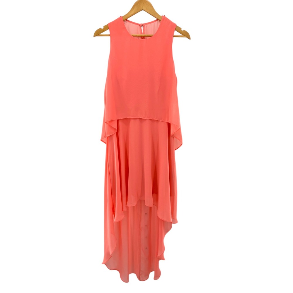 Bisou Bisou Michele Bohbot Coral Pink High-Low Popover Chiffon Dress Size 8 NEW